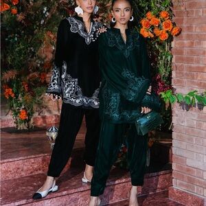 Nia Mia Emerald Green 2 piece velvet shirt and shalwar with embroidery
